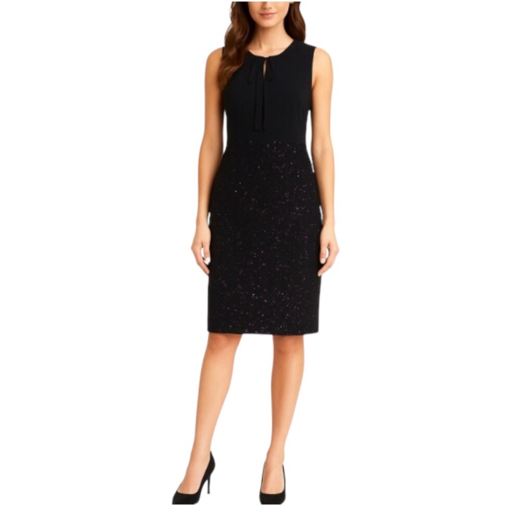 NWT St. John Bateau Neckline Silk Bodice Black Sheath Midi Dress Size 6